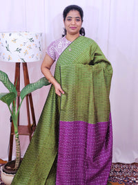 Semi Raw Silk Saree - Green with Magenta Pink