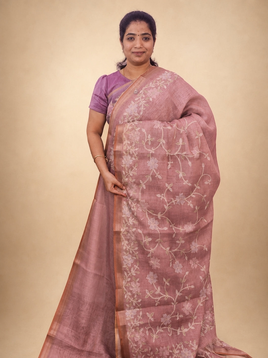 Linen Tissue with Aari Work - Rose Pink