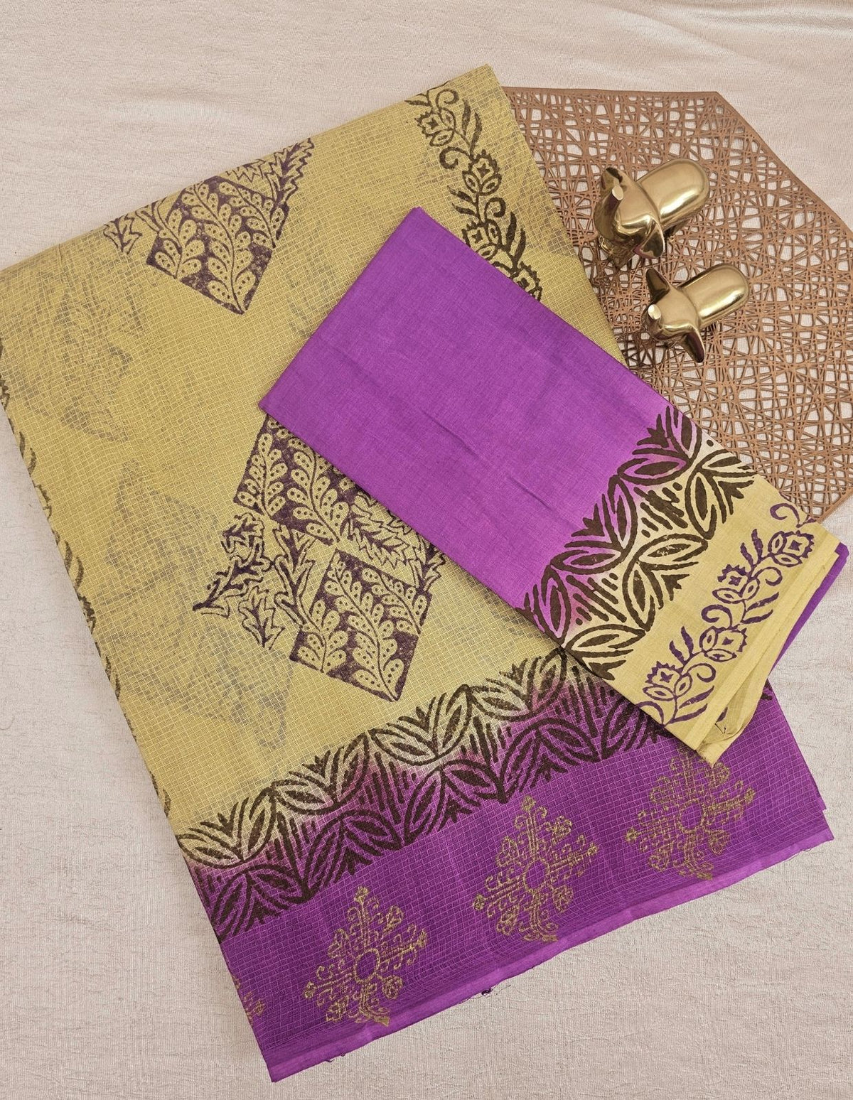 Pure Cotton with Checks Hand Block Prints - Light Mustard Yellow with Purple