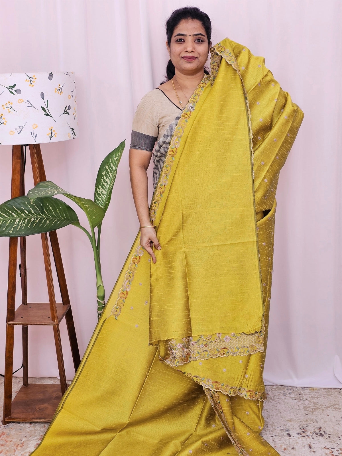 Raw Silk with Emboridery - Yellow