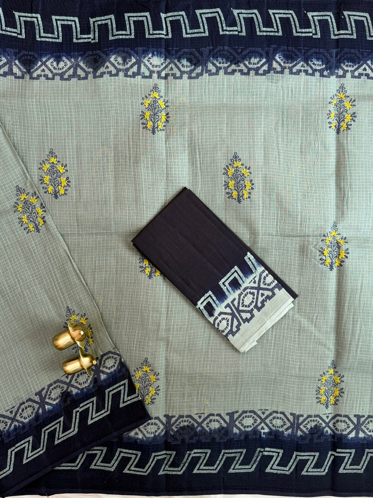 Pure Cotton with Checks Hand Block Prints - Grey with Blue