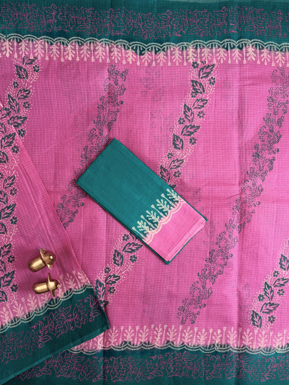 Pure Cotton with Checks Hand Block Prints - Pink with Sea Green