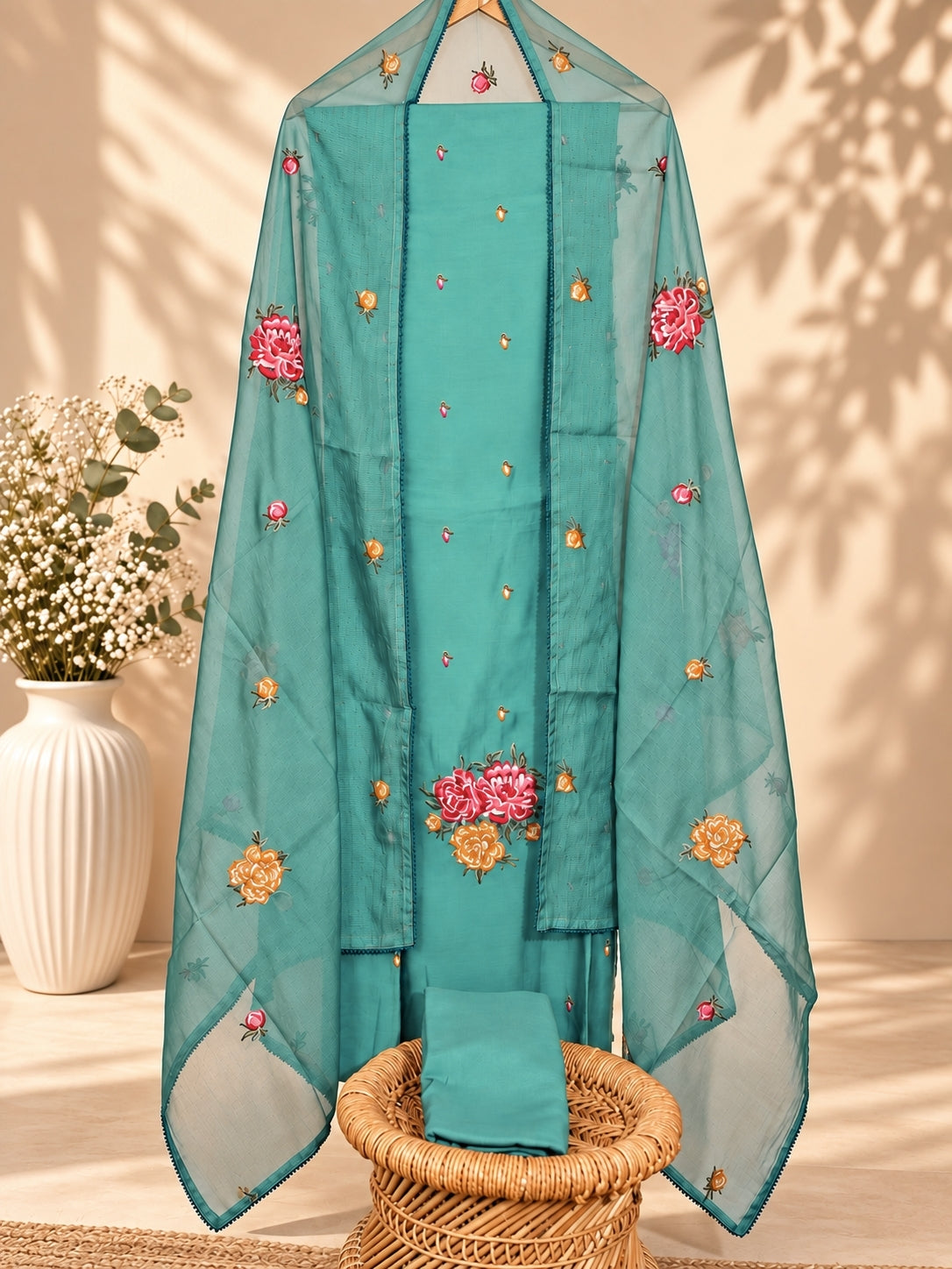 Mul Chanderi Cross Stitches  with Floral Pattern Unstitched Salwar -  Blue