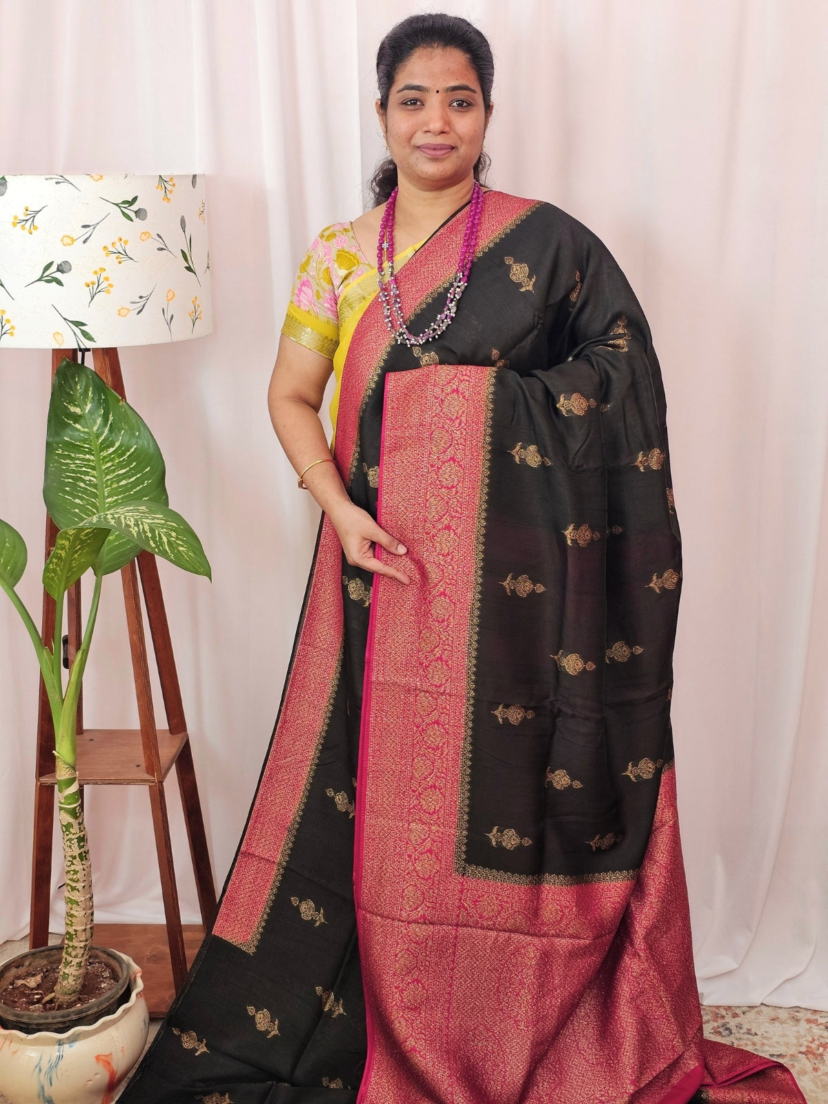 Jute Banarasi Silk Saree - Black with Pink