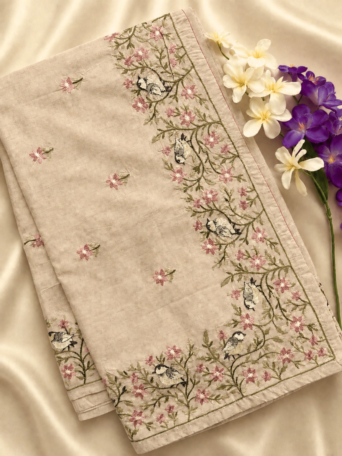 Premium Semi Tussar Zari Woven with Beautiful Emboridery Saree - Cream with Onion Pink
