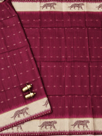 Soft Semi Tussar with Digital Prints and Beautiful Aari Work - Maroon with Cream