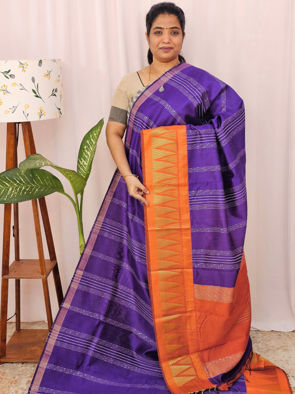 Semi Raw Silk Saree - Purple with Orange