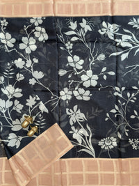 Premium Soft Semi Tussar Kota Weaving with Digital Prints - Black with Pastel Orange