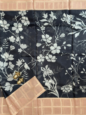 Premium Soft Semi Tussar Kota Weaving with Digital Prints - Black with Pastel Orange