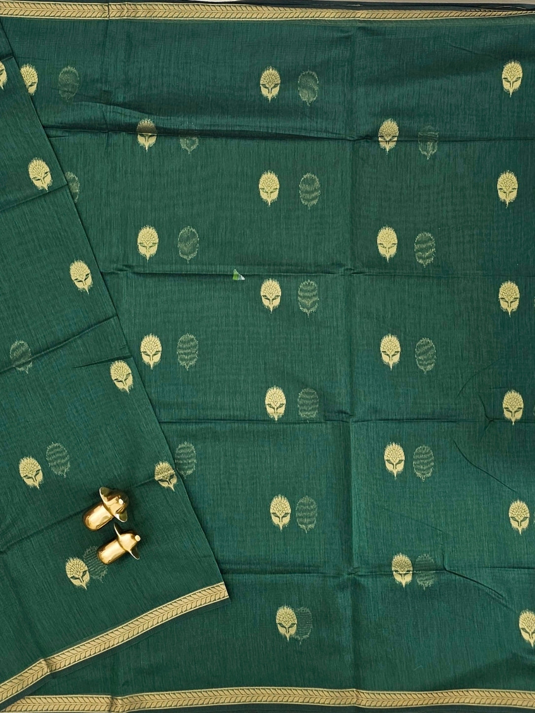 Semi Maheswari Silk Cotton Saree - Green with Maroon