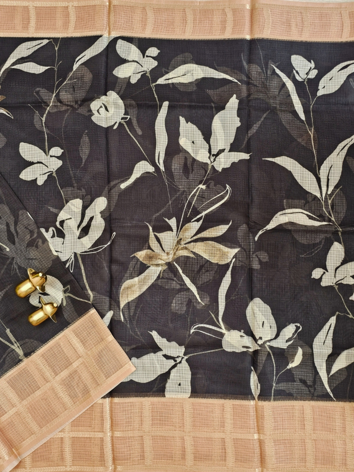 Premium Soft Semi Tussar Kota Weaving with Digital Prints - Black with Brown