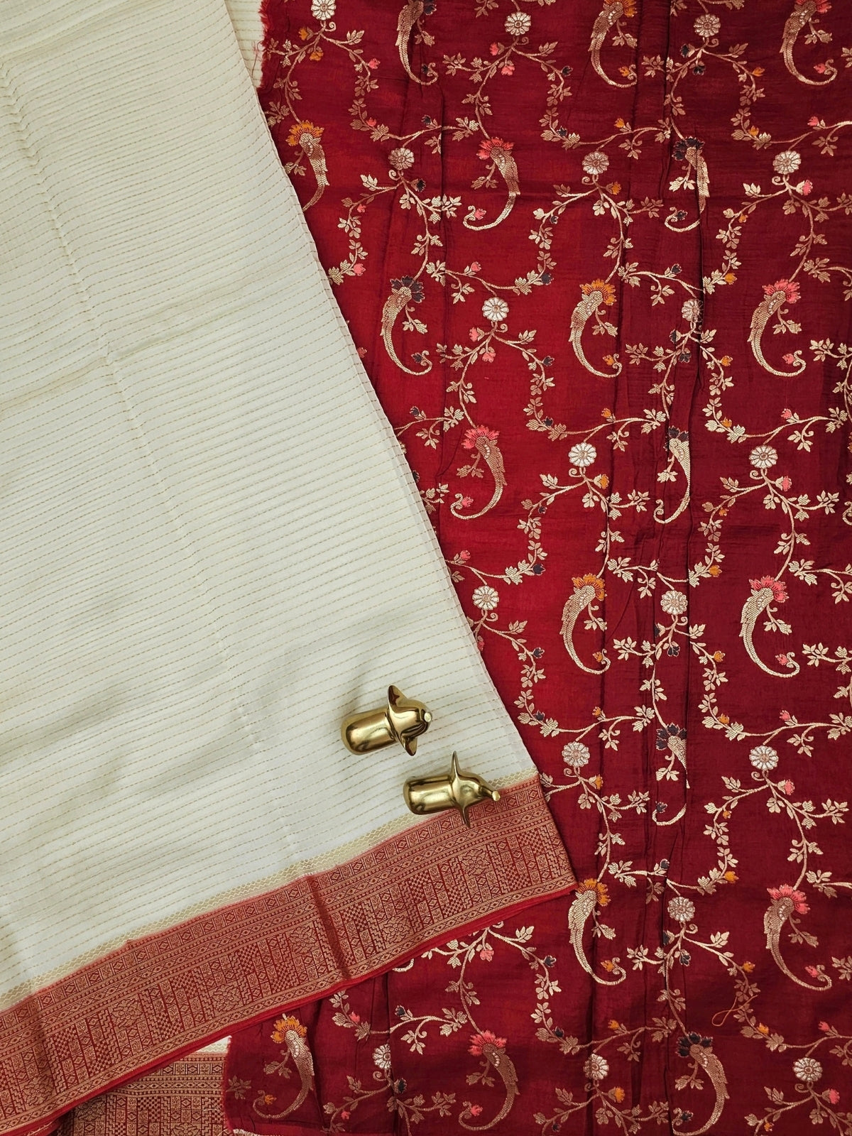 Semi Kathan Silk Saree - Off White with Red