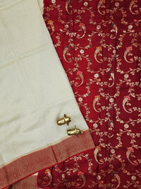 Semi Kathan Silk Saree - Off White with Red