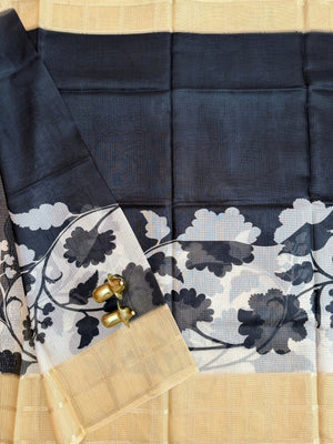 Premium Soft Semi Tussar Kota Weaving with Digital Prints - Cream with Yellow