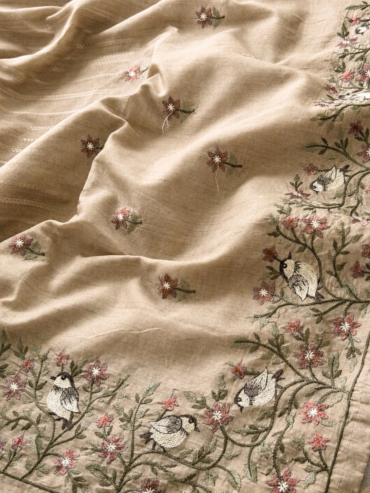 Premium Semi Tussar Zari Woven with Beautiful Emboridery Saree - Cream with Onion Pink