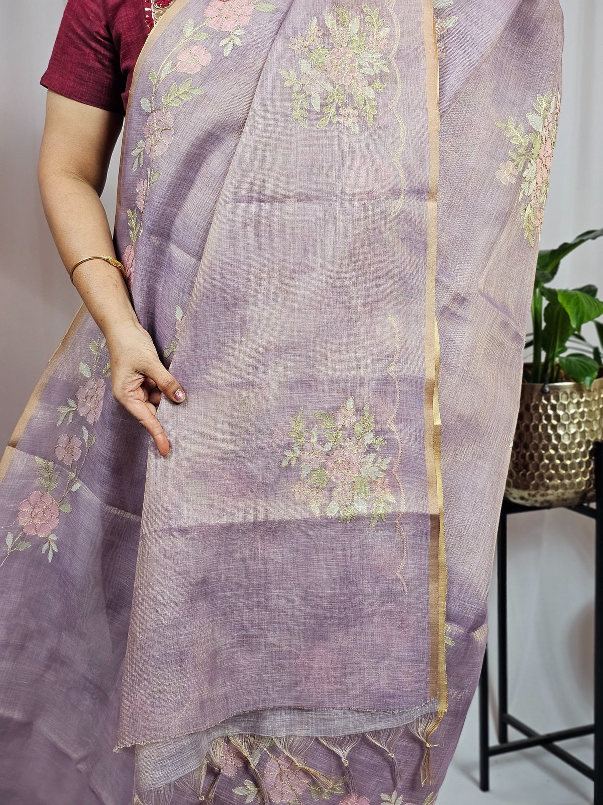 Linen Tissue with Aari Work - Lavender