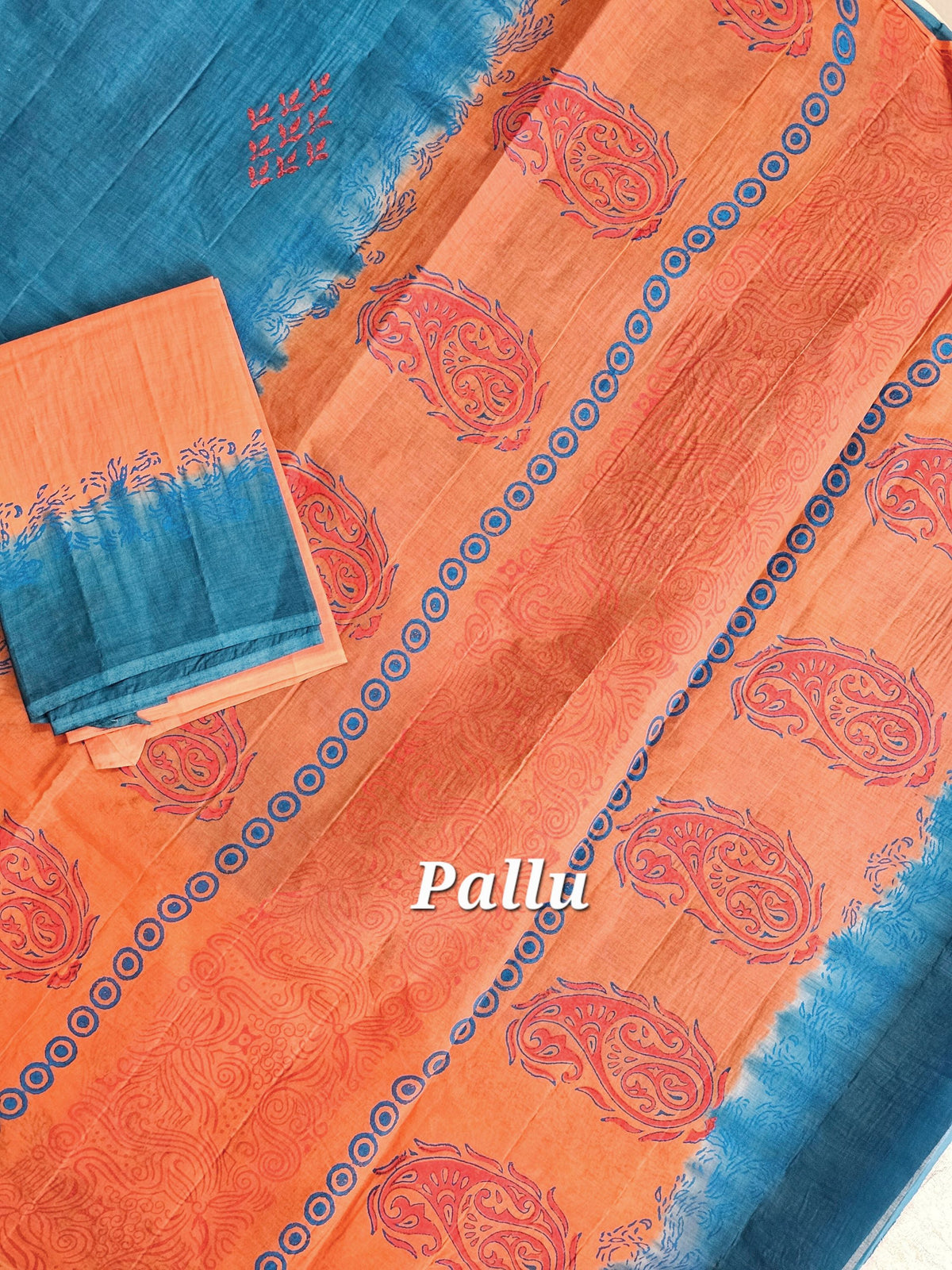 Pure Cotton with Hand Block Prints - Blue with  Orange