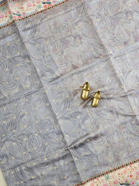 Unique Semi Tussar with Zari Weaving Butti - Grey