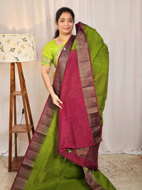Jute Banarasi Saree - Green with Magenata Pink