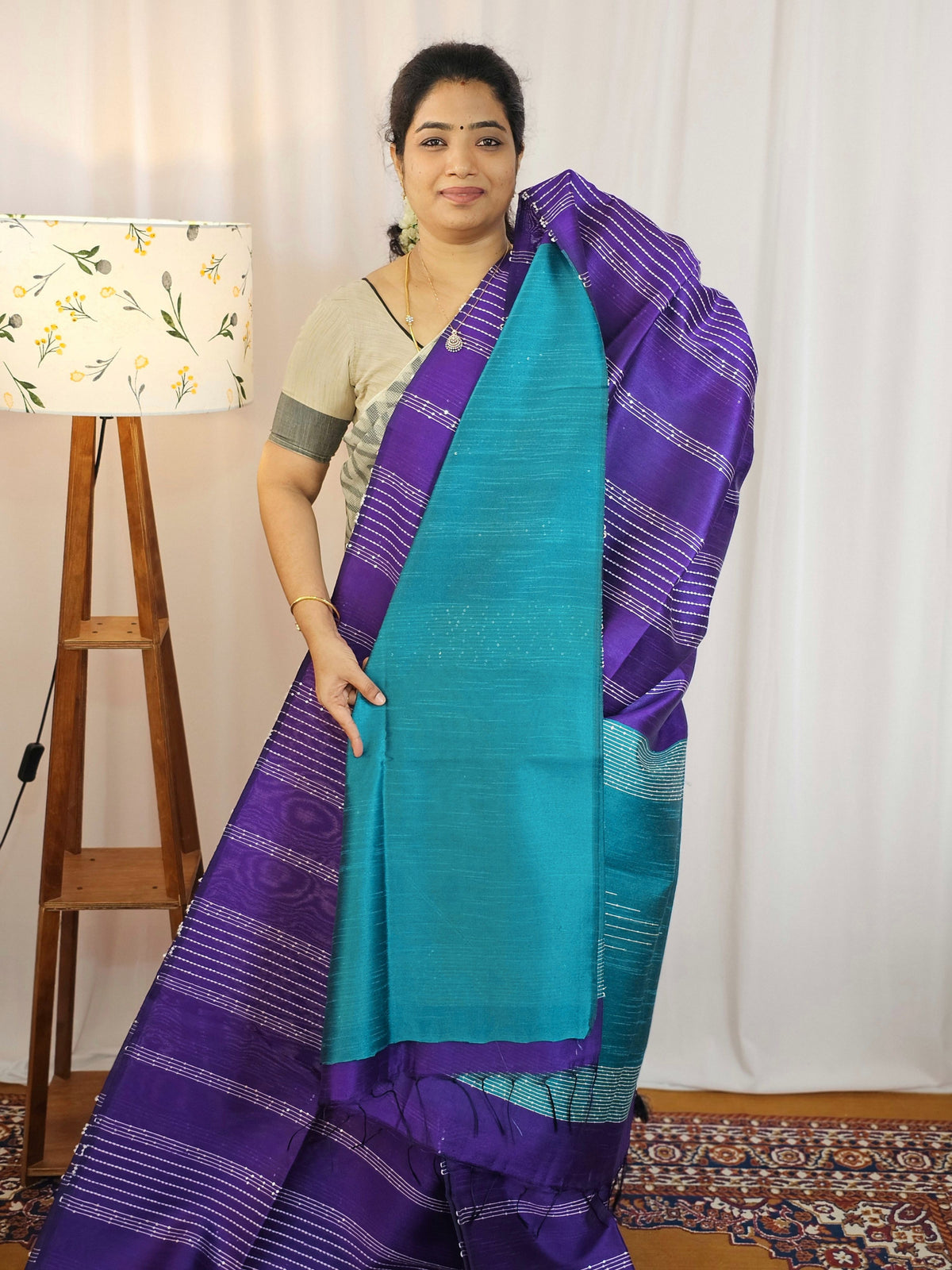 Semi Raw Silk Saree - Purple with Blue