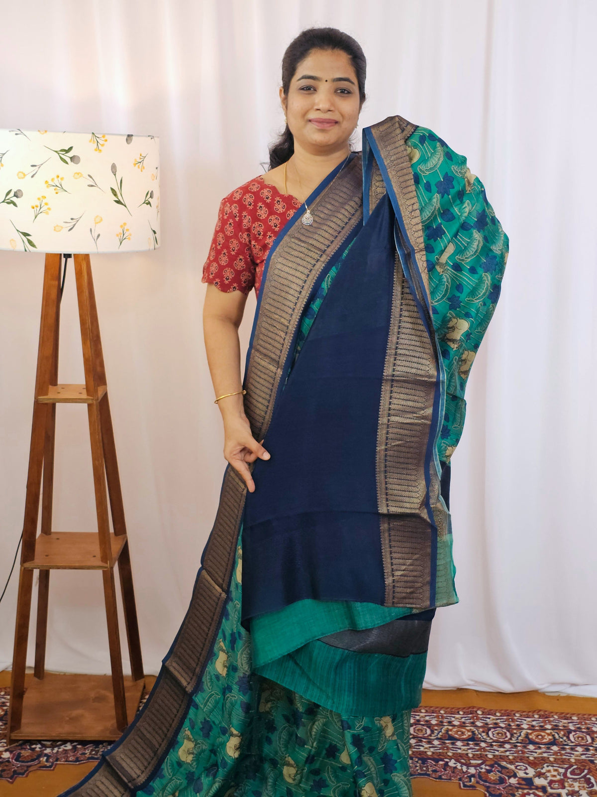Pure Chanderi Butter Silk - Peacock Green with Dark Blue