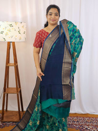 Pure Chanderi Butter Silk - Peacock Green with Dark Blue