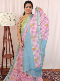 Handwoven Mangalagiri Pattu Saree with Digital Prints  - Pink with Blue