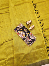 Handwoven Mangalagiri Plain Pattu Saree - Olive Mustard