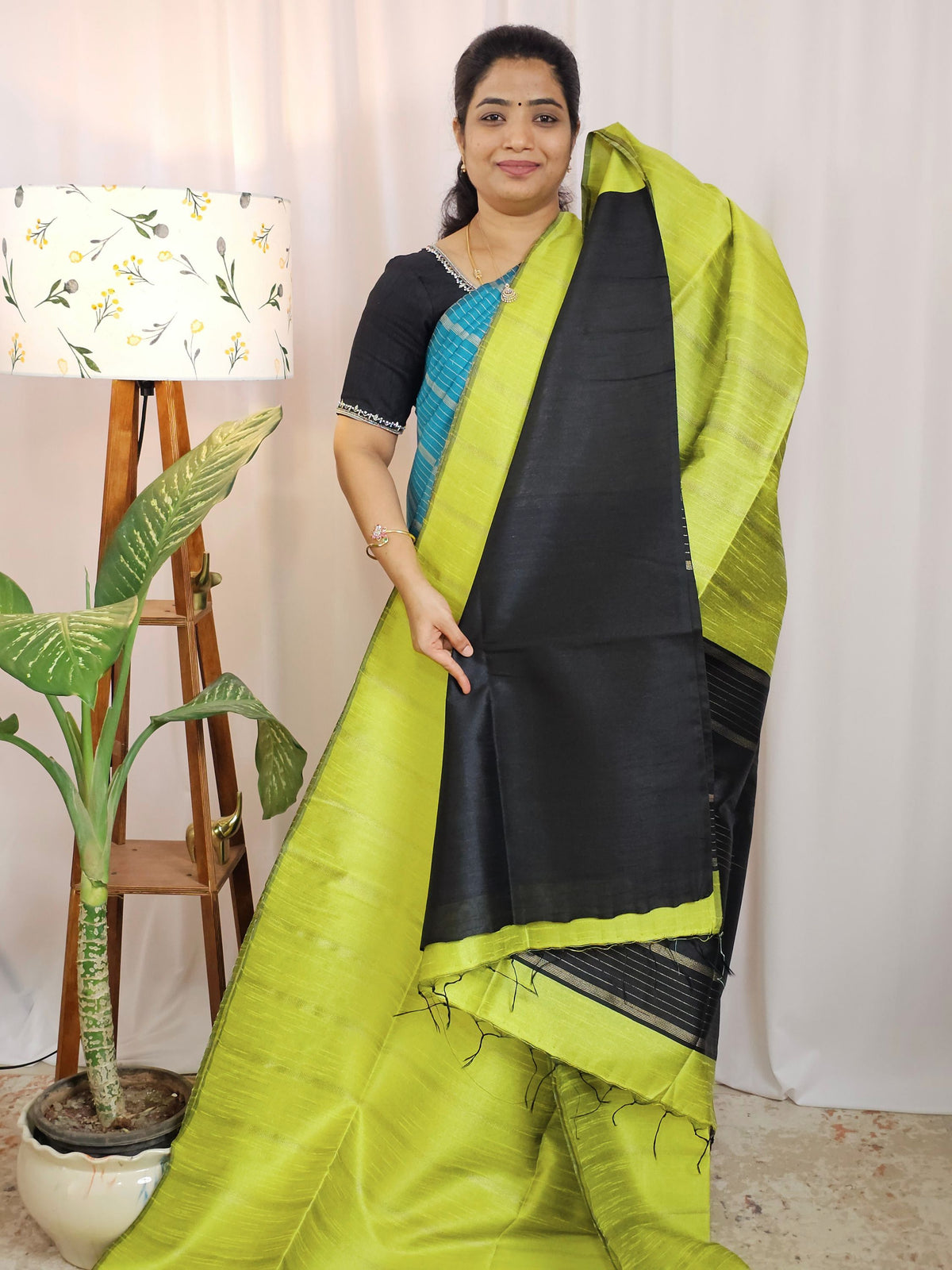 Semi Raw Silk -  Lime Green with Black