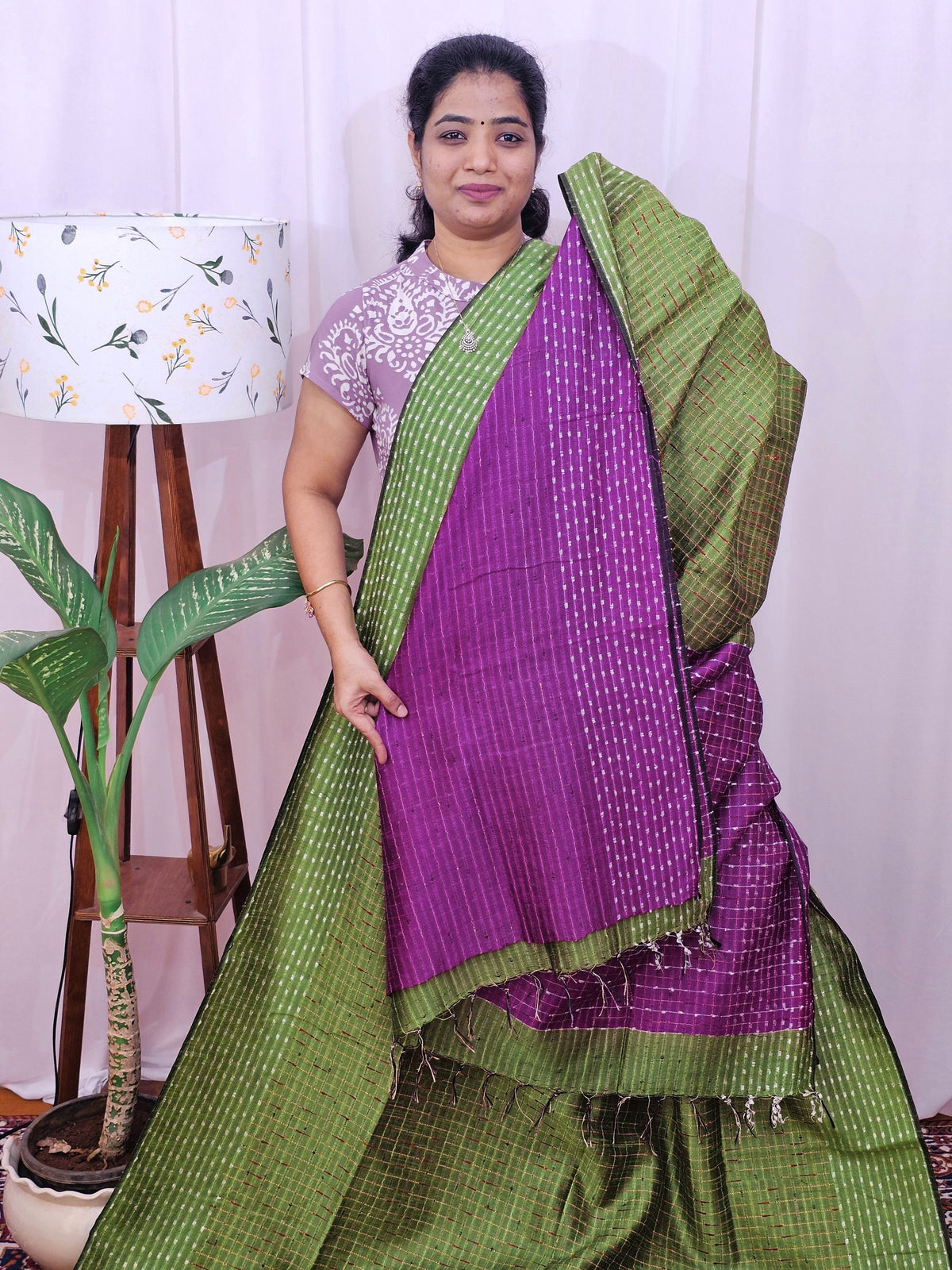 Semi Raw Silk Saree - Green with Magenta Pink