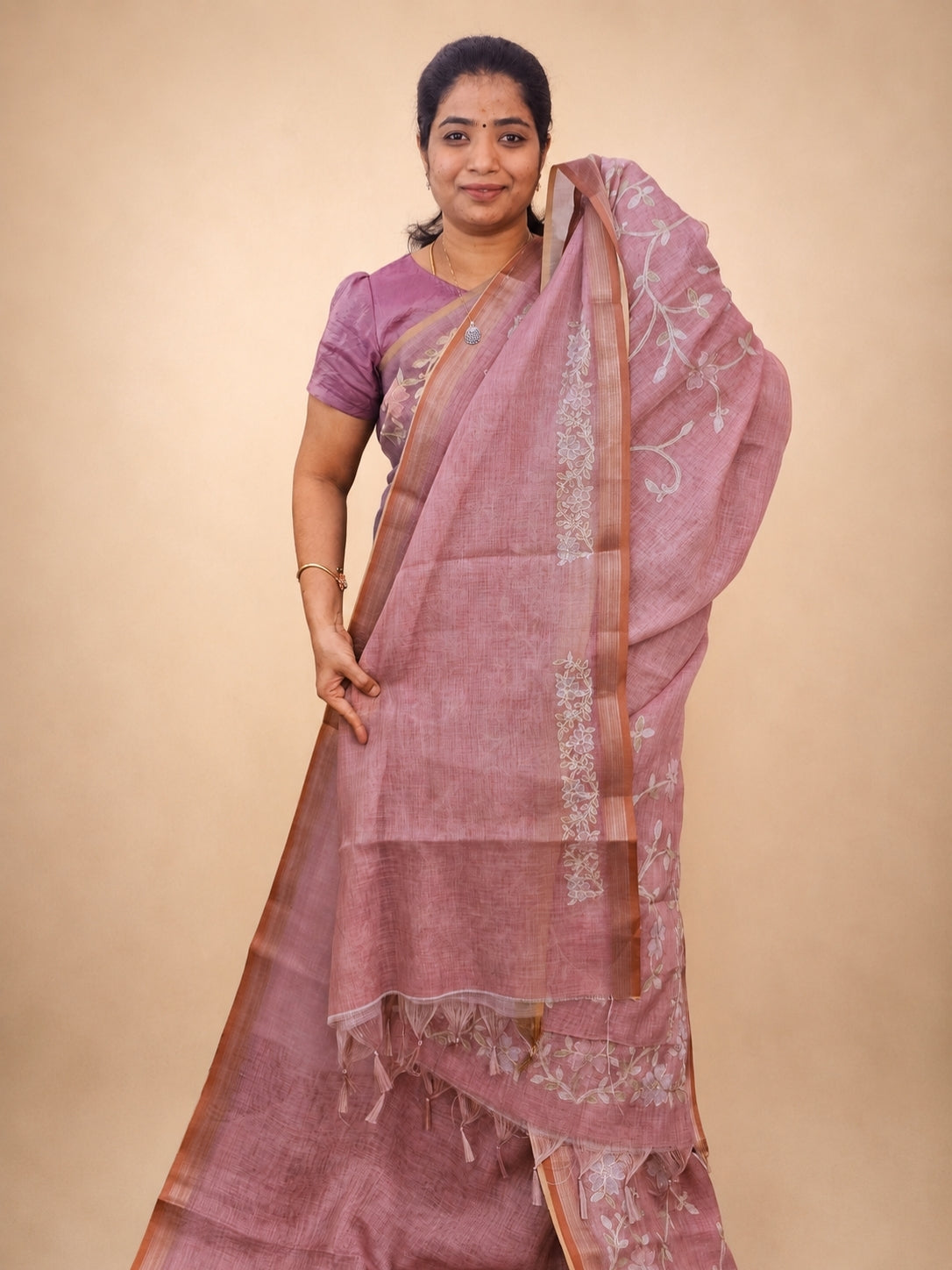 Linen Tissue with Aari Work - Rose Pink