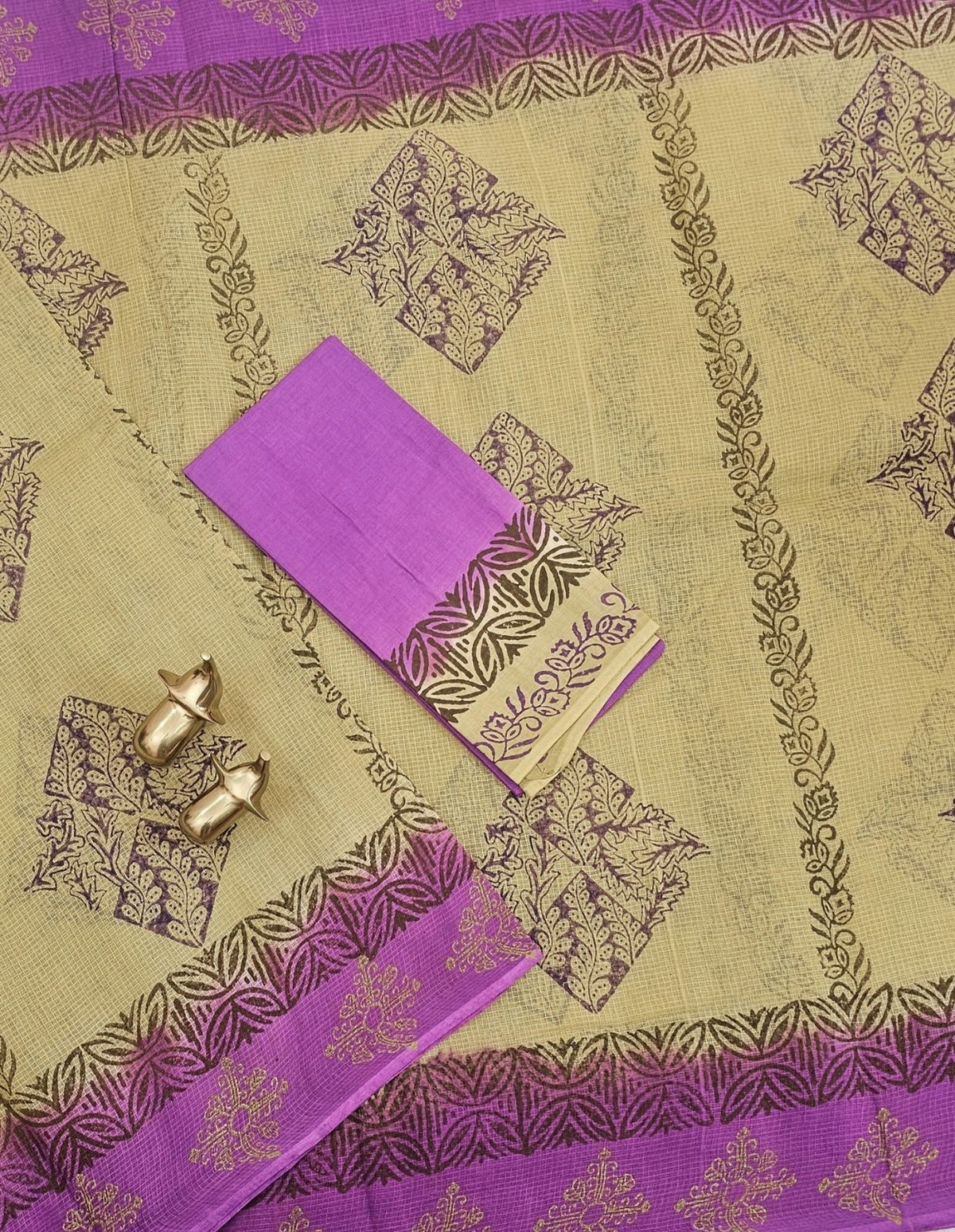 Pure Cotton with Checks Hand Block Prints - Light Mustard Yellow with Purple