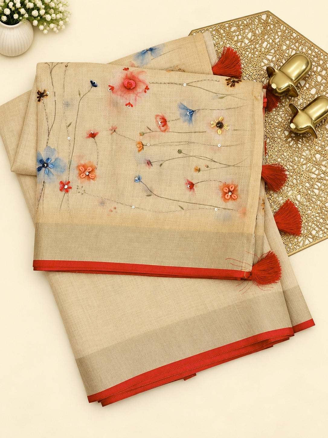 Linen Tissue Hand Brushed Floral Pattern with Thread Knot Work Sarees -  Pastel Yellow
