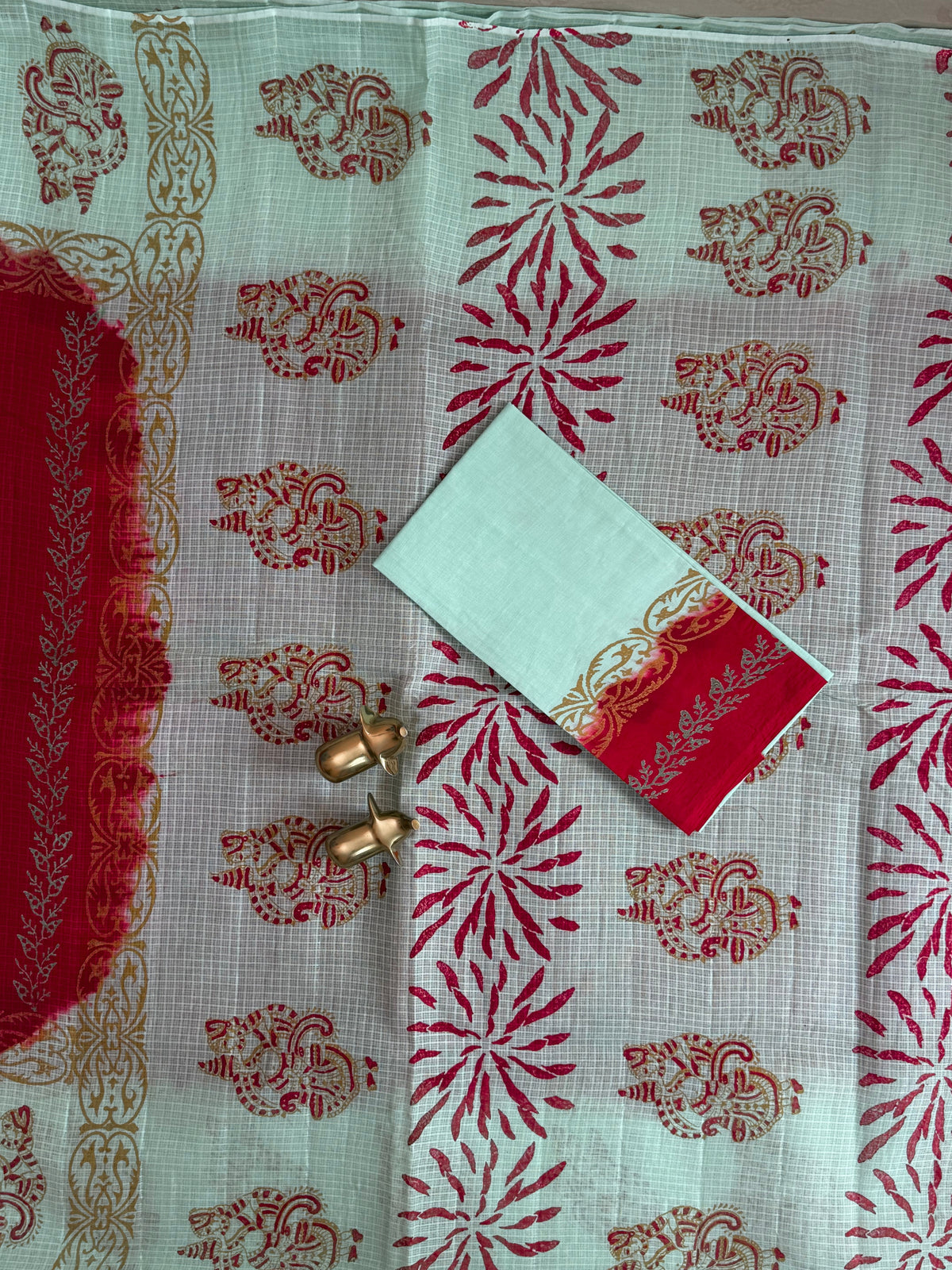 Pure Cotton with Checks Hand Block Prints - Red with Sea Green