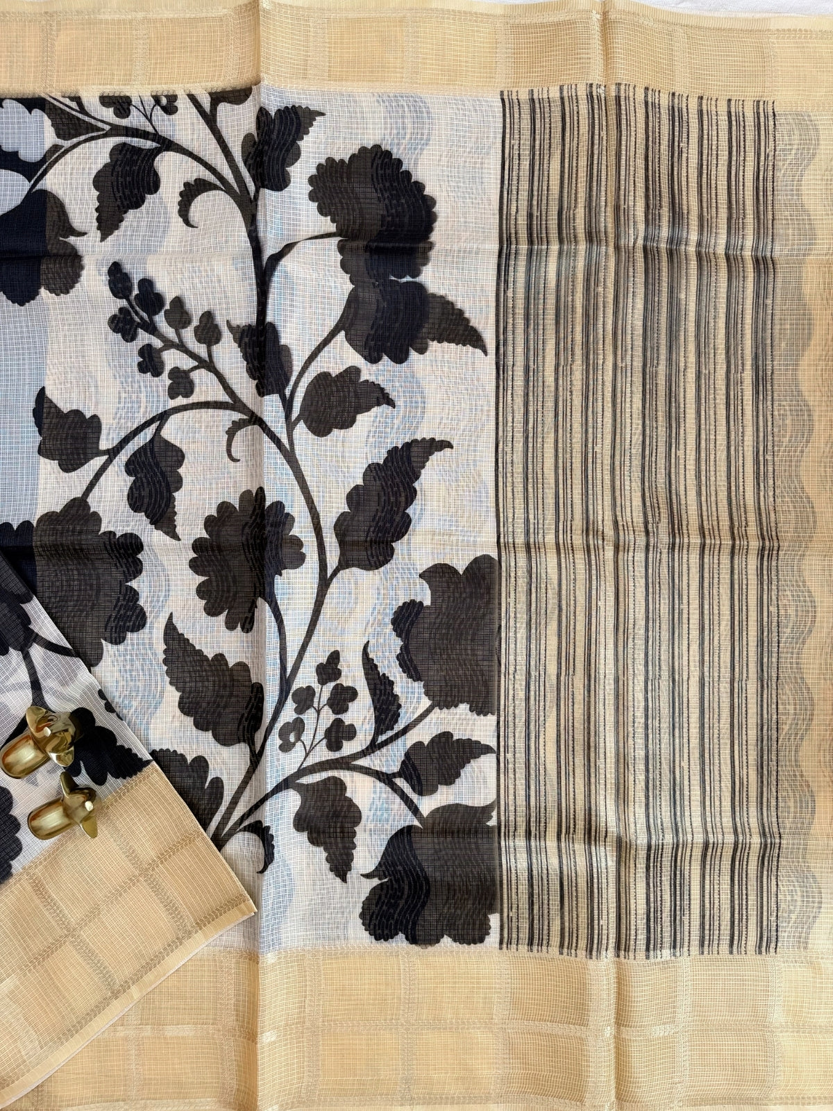 Premium Soft Semi Tussar Kota Weaving with Digital Prints - Cream with Yellow
