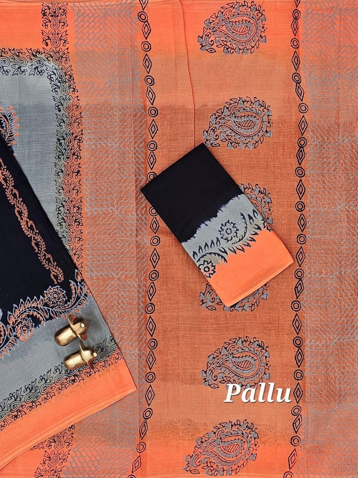 Pure Cotton with Hand Block Prints - Dark Blue with Orange