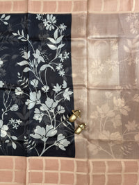 Premium Soft Semi Tussar Kota Weaving with Digital Prints - Black with Pastel Orange