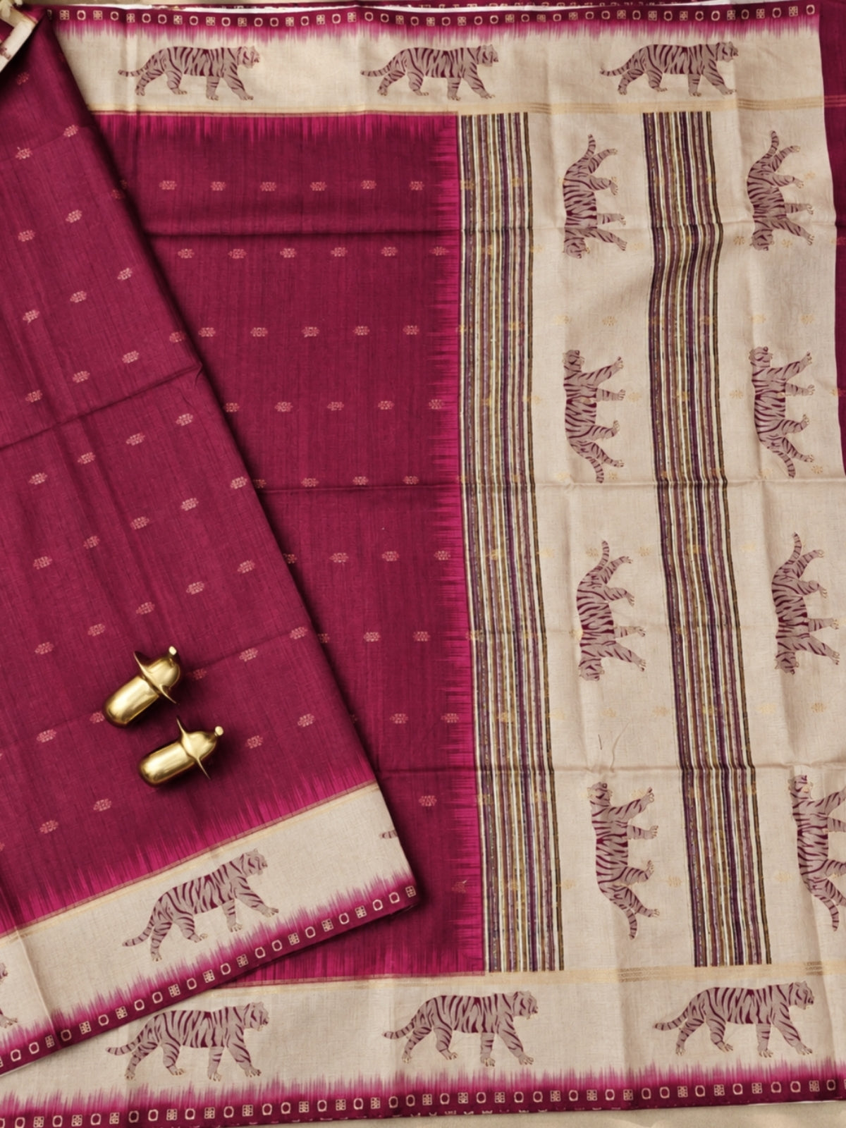 Soft Semi Tussar with Digital Prints and Beautiful Aari Work - Maroon with Cream