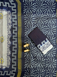 Pure Cotton with Checks Hand Block Prints - Grey with Blue