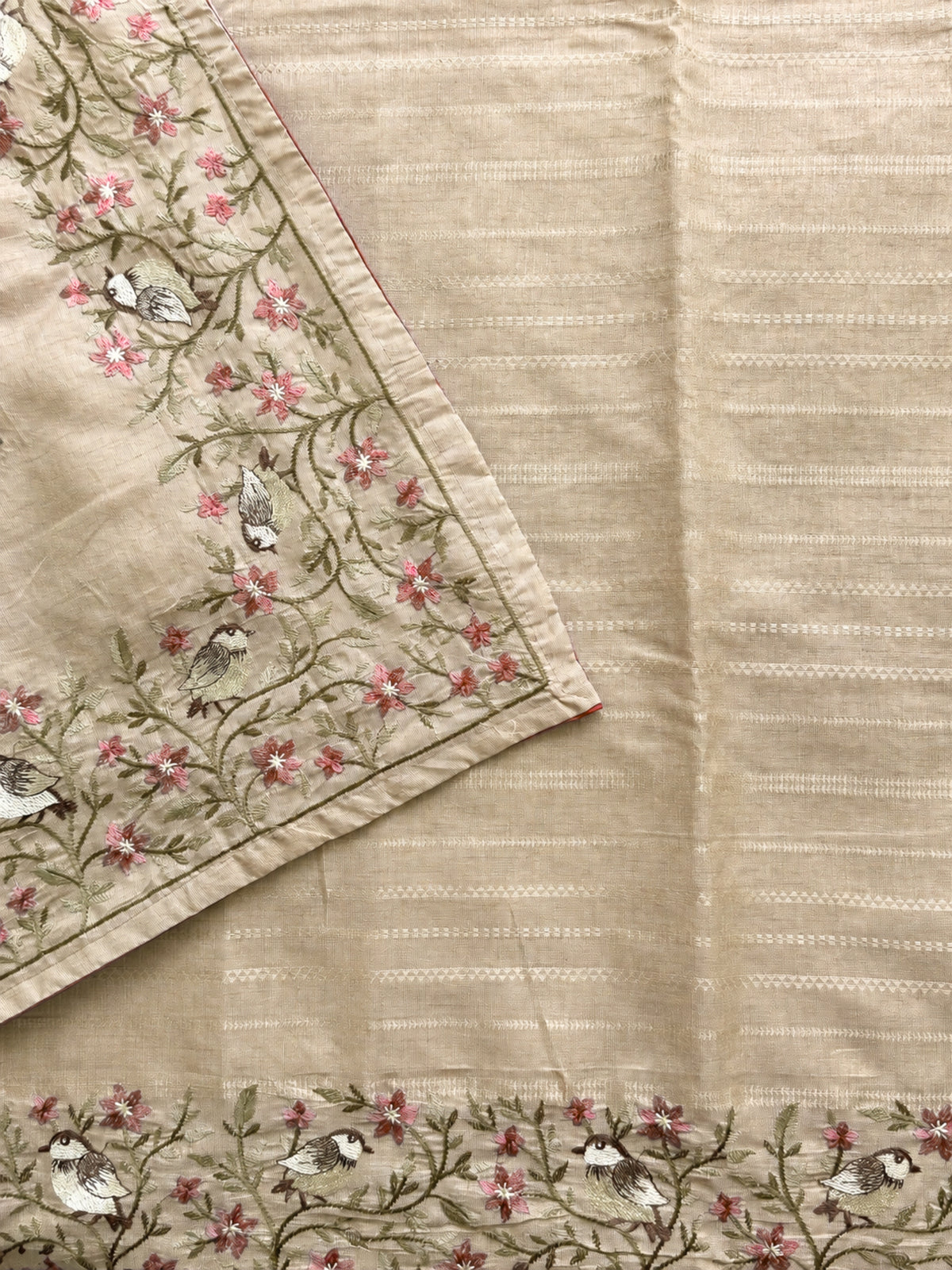 Premium Semi Tussar Zari Woven with Beautiful Emboridery Saree - Cream with Onion Pink