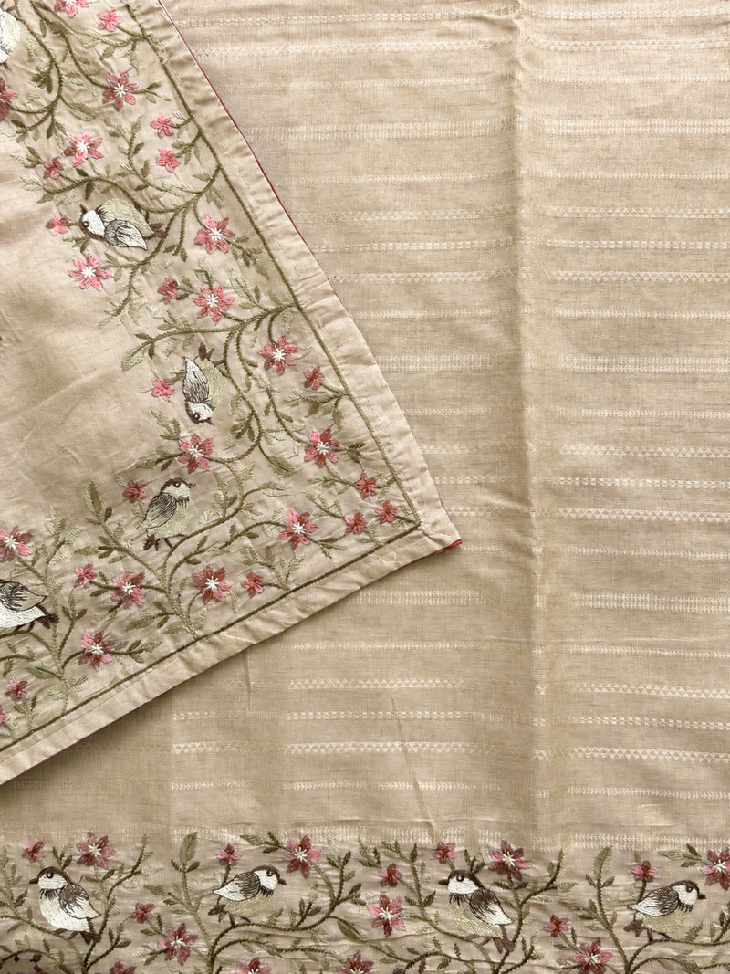 Premium Semi Tussar Zari Woven with Beautiful Emboridery Saree - Cream with Onion Pink