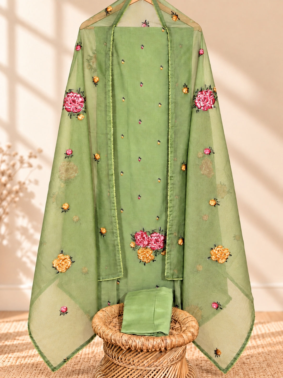 Mul Chanderi Cross Stitches  with Floral Pattern Unstitched Salwar -  Green