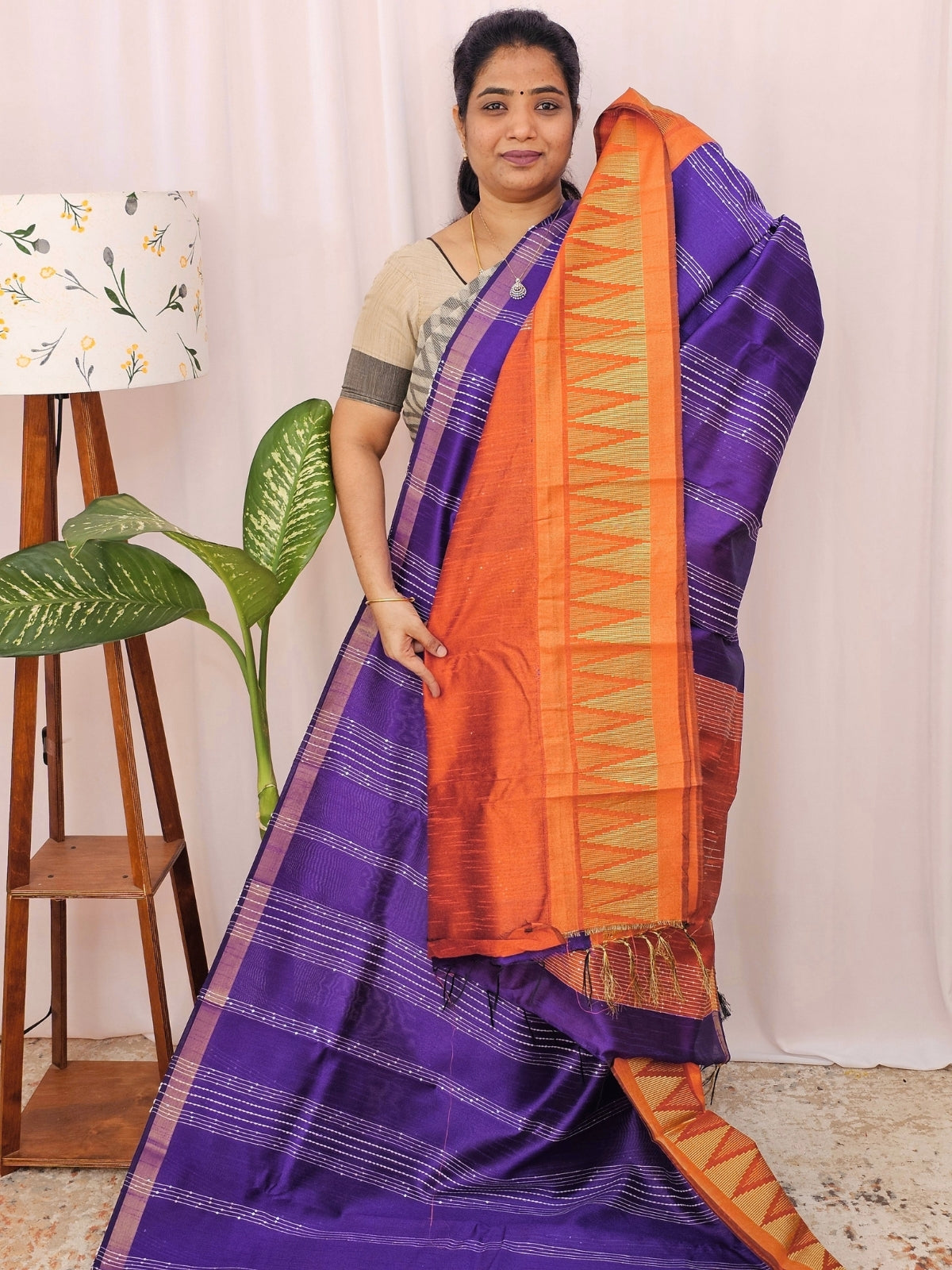 Semi Raw Silk Saree - Purple with Orange