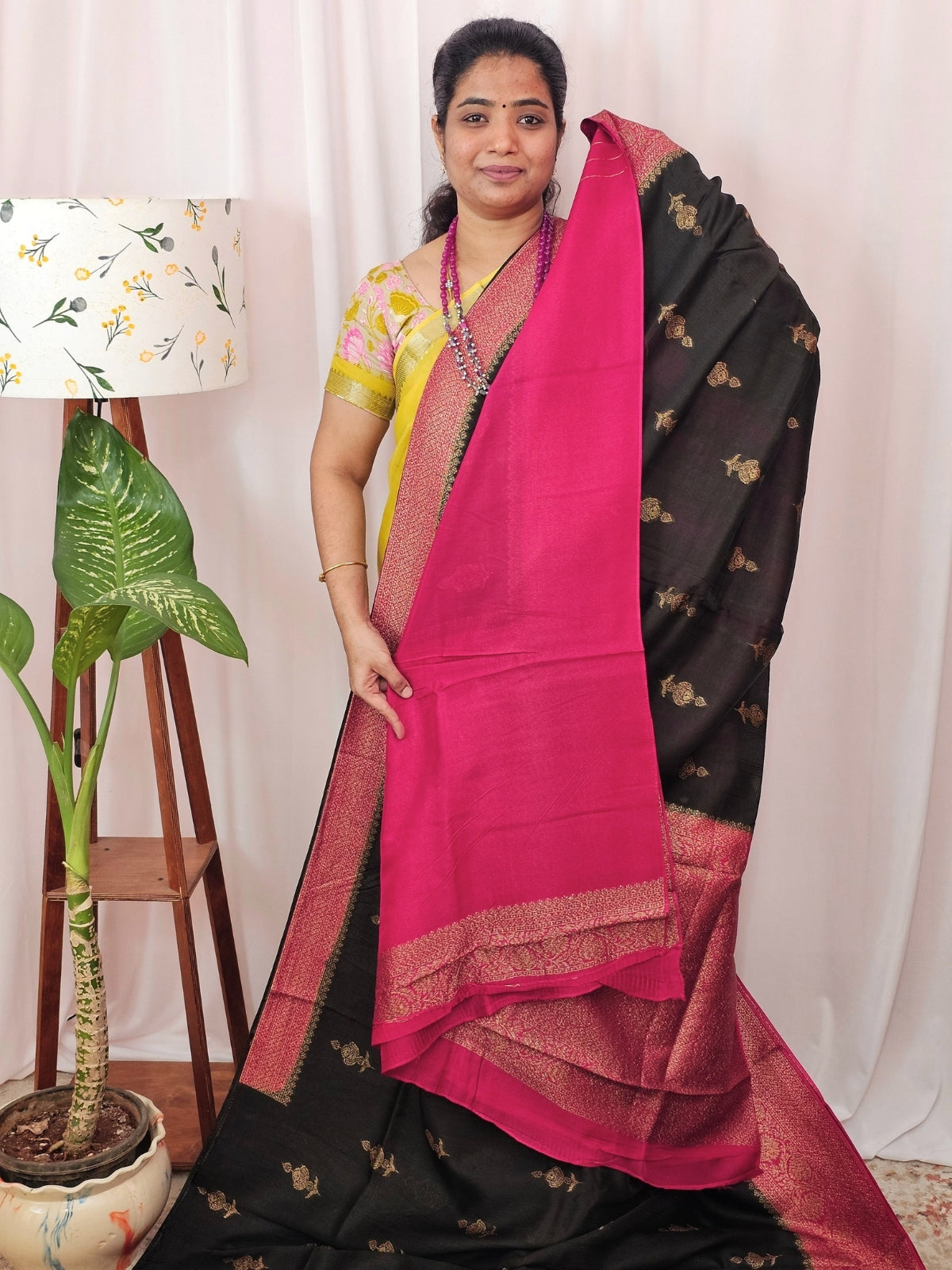 Jute Banarasi Silk Saree - Black with Pink