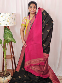 Jute Banarasi Silk Saree - Black with Pink