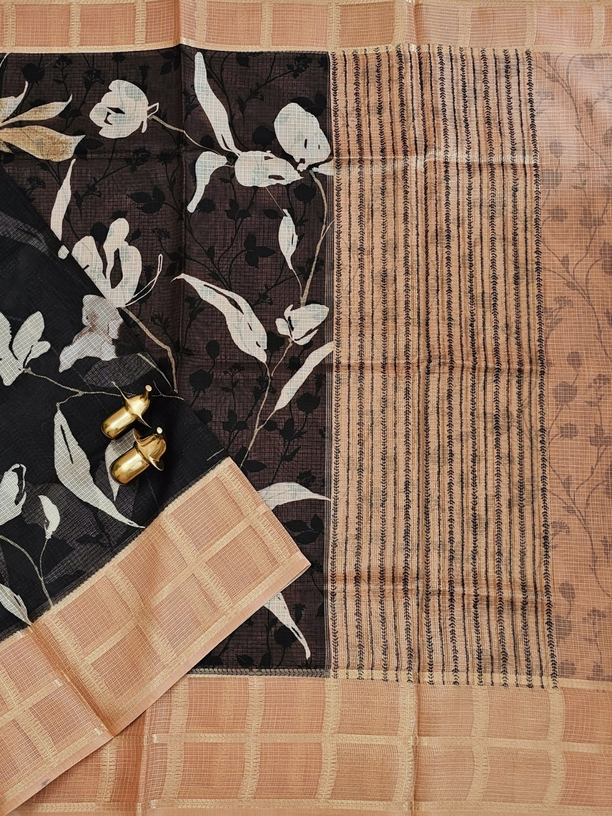 Premium Soft Semi Tussar Kota Weaving with Digital Prints - Black with Brown