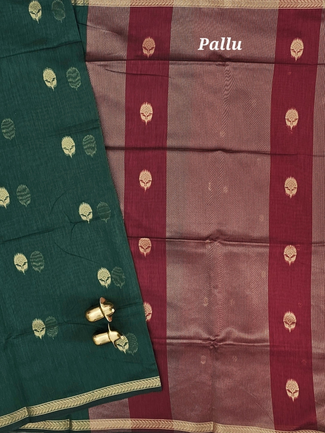 Semi Maheswari Silk Cotton Saree - Green with Maroon