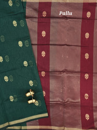 Semi Maheswari Silk Cotton Saree - Green with Maroon