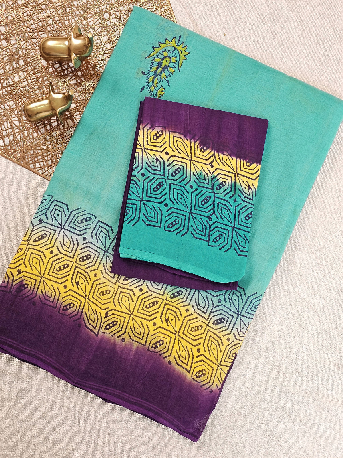 Pure Cotton with Hand Block Prints - Sea Green with Purple