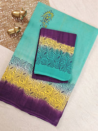 Pure Cotton with Hand Block Prints - Sea Green with Purple